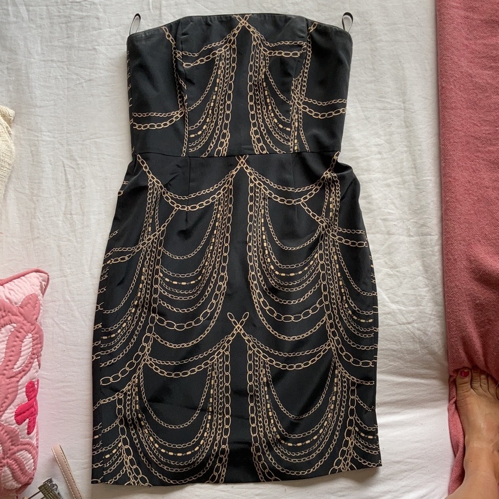 Corey Lynn Calter silk chain print strapless dress